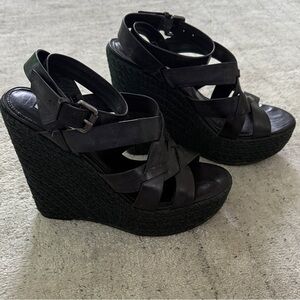 Vera Wang Lavender Label Black Leather Espadrille Wedge Sandals